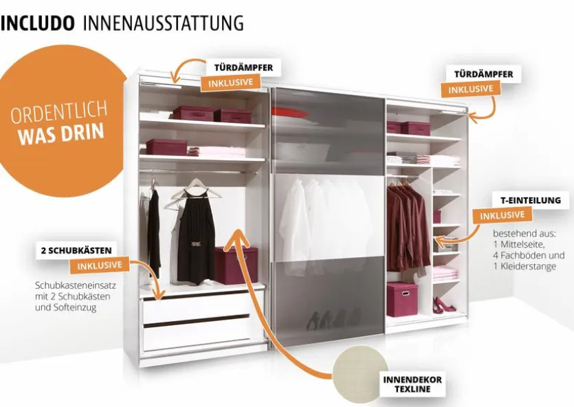 Schwebetürenschrank Includo-Glas 249 x 222 cm